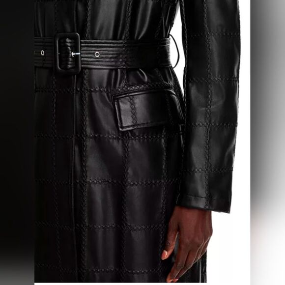 New Bagatelle Faux buttery soft patch black Leather belted Long Trench Coat Sz M - Picture 6 of 16